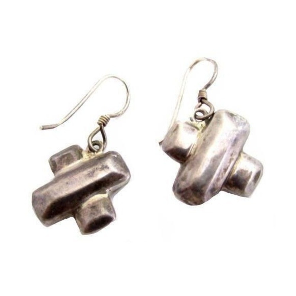 Vintage Puffy Crisscross Charming Sterling Silver‎ Dangle Drop Earrings*925